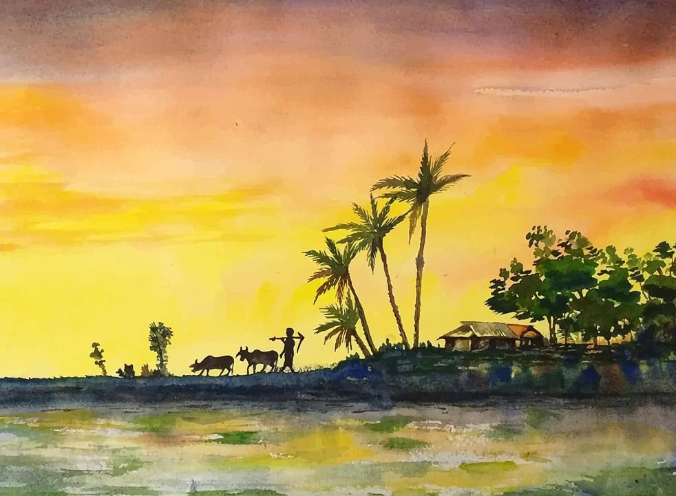 Indian Farmer Watercolour landsacpe Painting - Meri Deewar 4 : 3 Horizontal Premium Wall Art Canvas by MeriDeewar