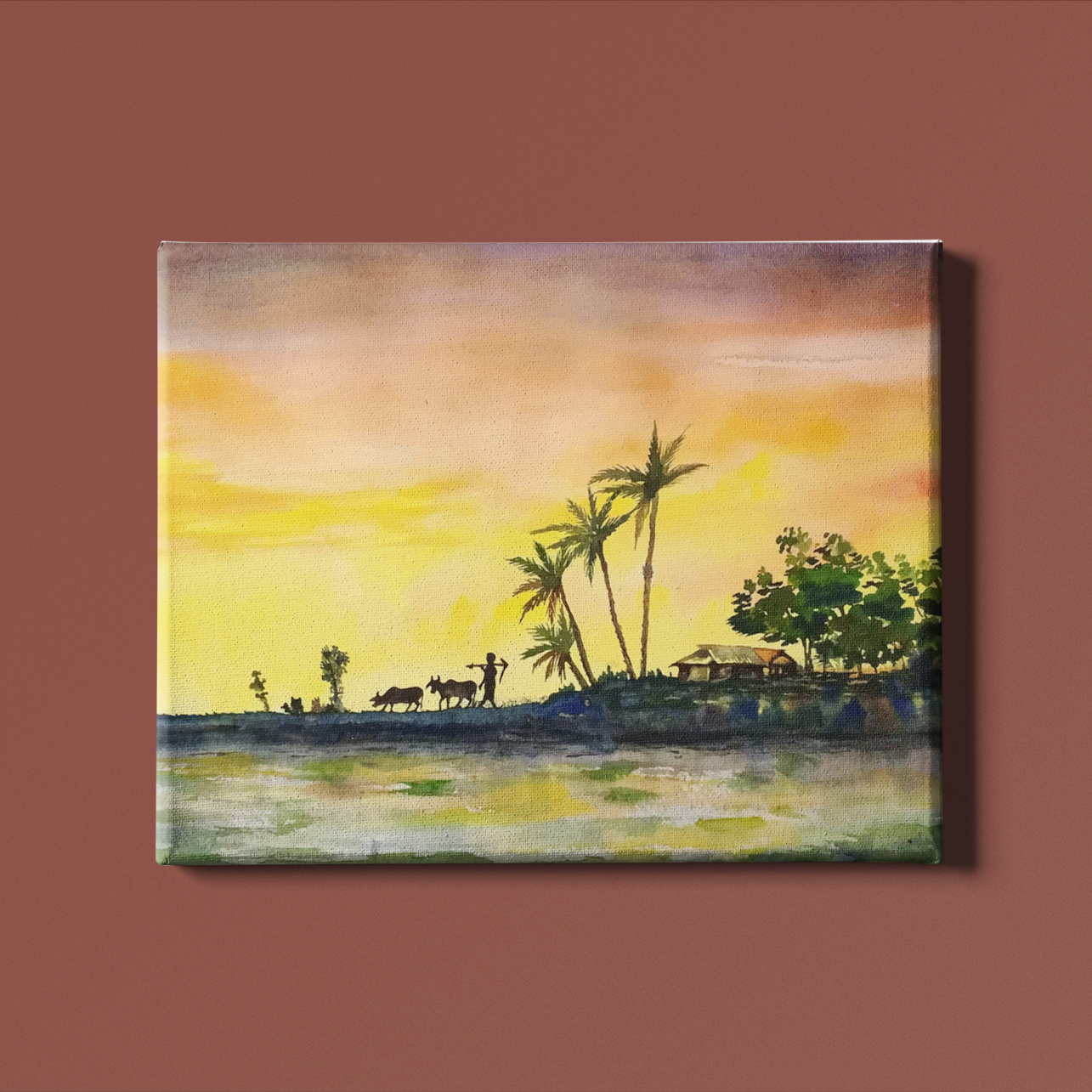 Indian Farmer Watercolour landsacpe Painting - Meri Deewar 4 : 3 Horizontal Premium Wall Art Canvas by MeriDeewar