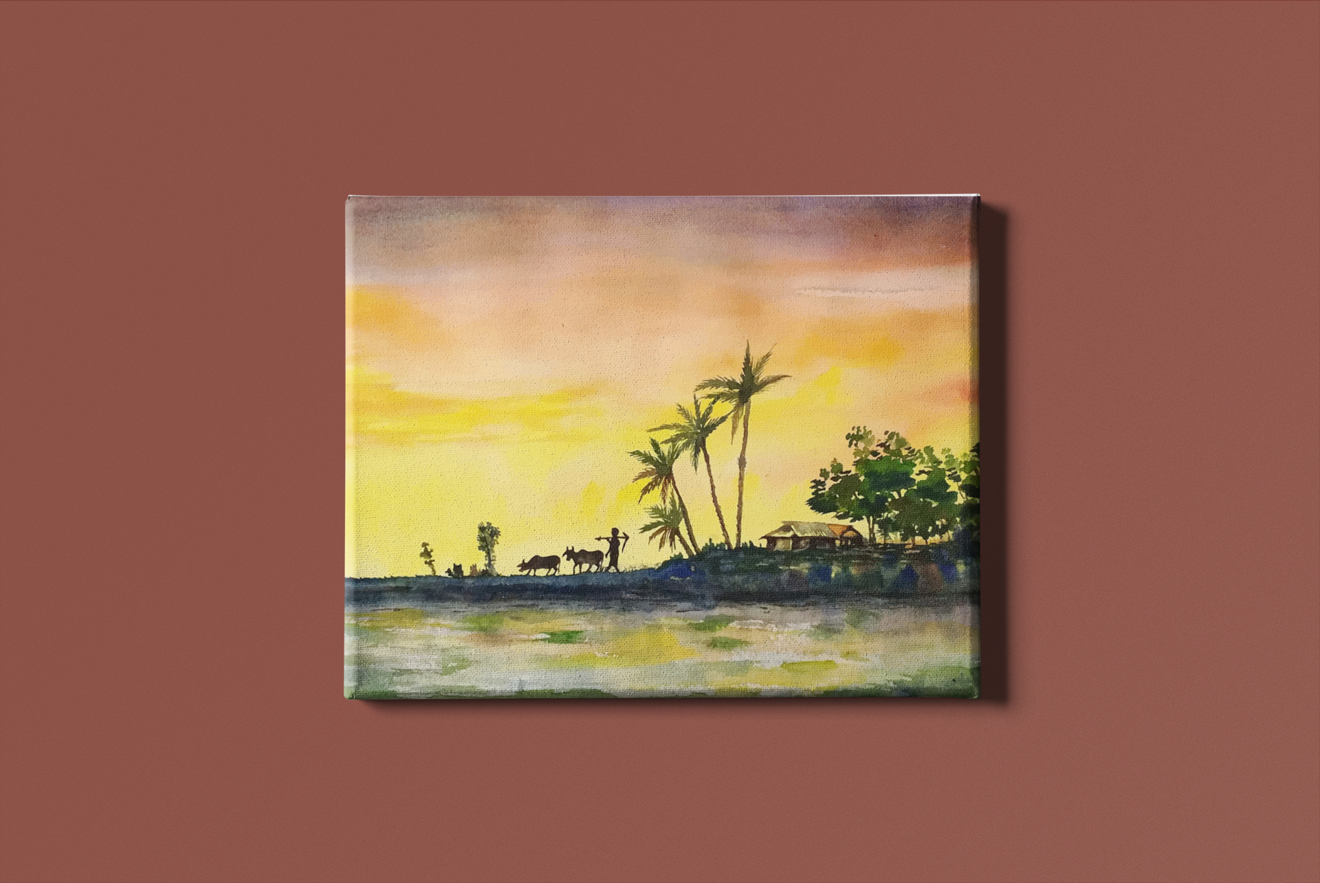 Indian Farmer Watercolour landsacpe Painting - Meri Deewar 4 : 3 Horizontal Premium Wall Art Canvas by MeriDeewar