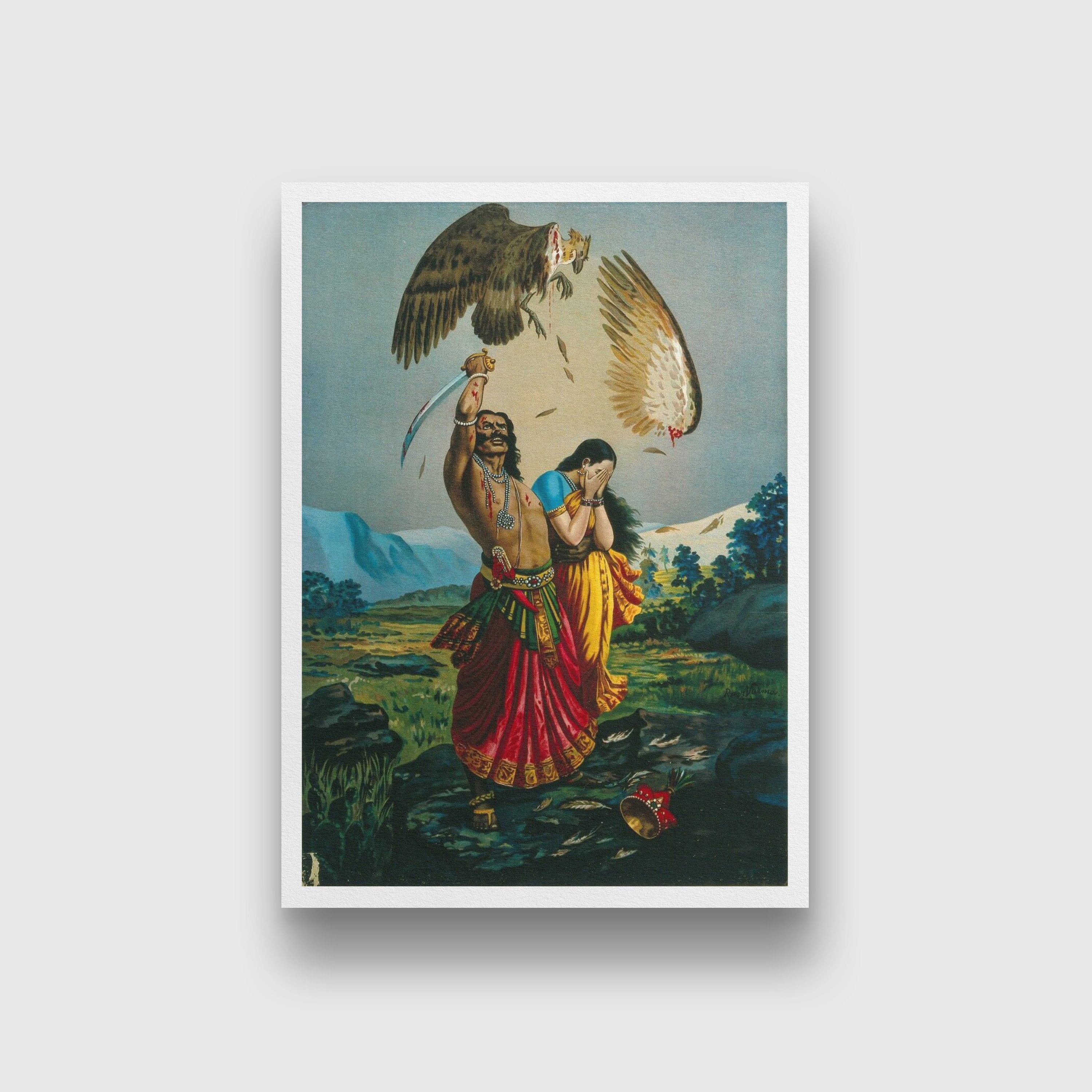 Jatayu Vadham Painting Made By Raja Ravi Varma 3 : 4.2 Vertical Premium Wall Art Canvas by MeriDeewar