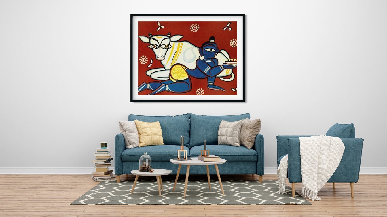Krishna And Cow Painting - Meri Deewar 4 : 3 Horizontal Premium Wall Art Canvas by MeriDeewar