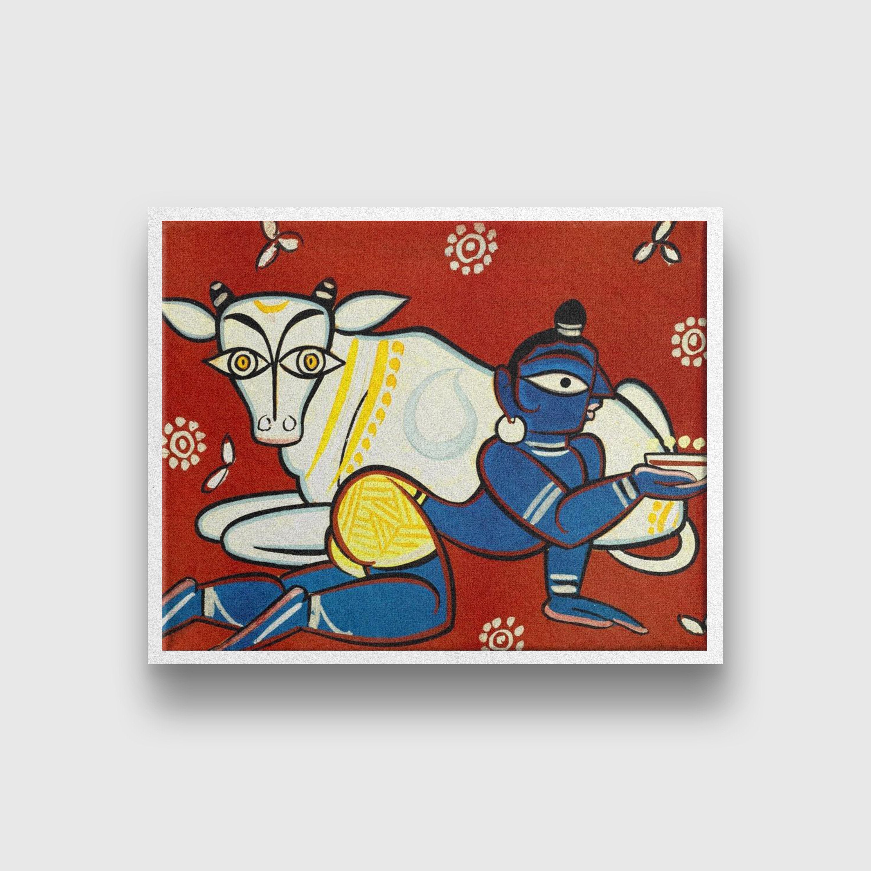 Krishna And Cow Painting - Meri Deewar 4 : 3 Horizontal Premium Wall Art Canvas by MeriDeewar