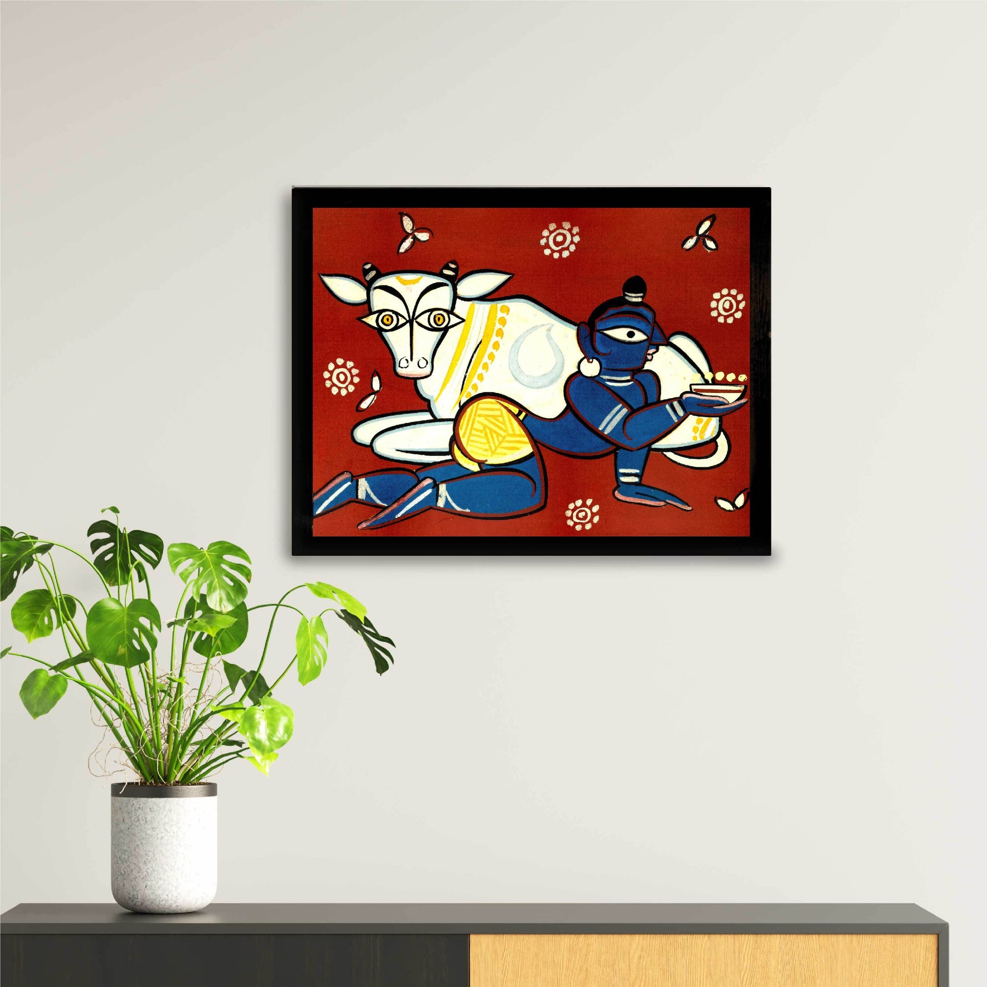Krishna And Cow Painting - Meri Deewar 4 : 3 Horizontal Premium Wall Art Canvas by MeriDeewar