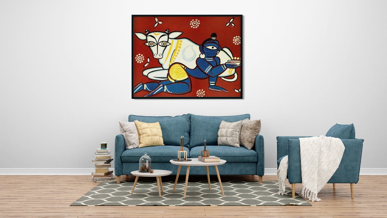 Krishna And Cow Painting - Meri Deewar 4 : 3 Horizontal Premium Wall Art Canvas by MeriDeewar