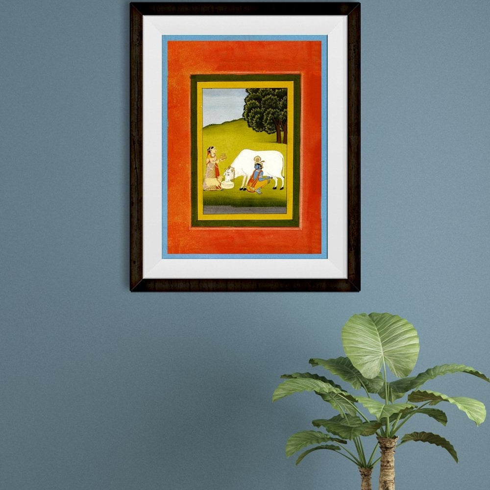 Krishna And Cow Painting - Meri Deewar 4 X 5.5 Vertical Premium Wall Art Canvas by MeriDeewar