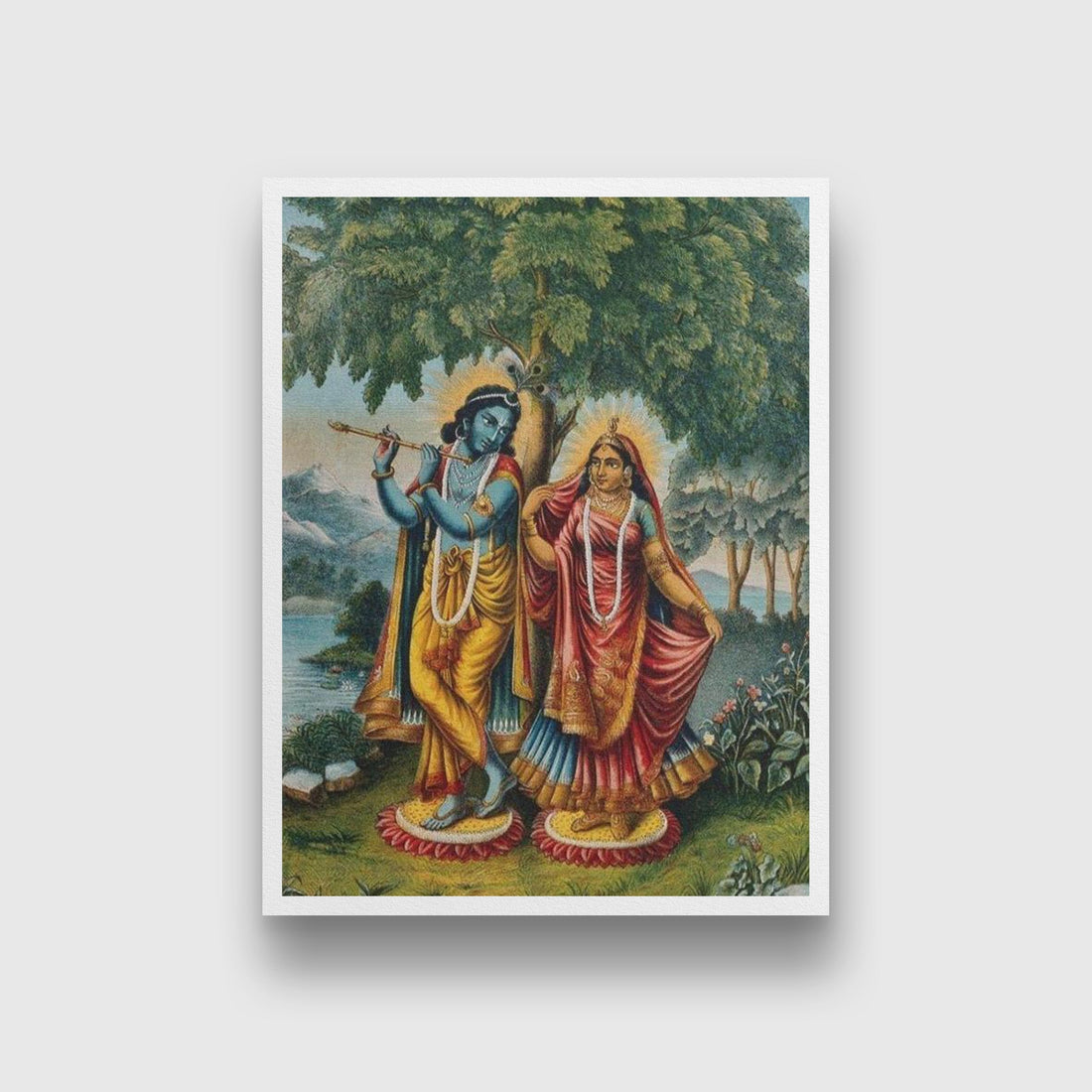Krishna and Radha on separate lotus leaves Painting - Meri Deewar 3 : 4 Vertical Premium Wall Art Canvas by MeriDeewar