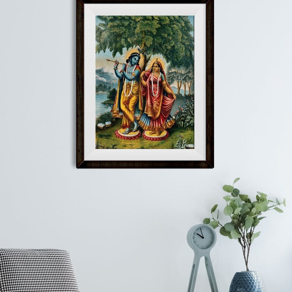 Krishna and Radha on separate lotus leaves Painting - Meri Deewar 3 : 4 Vertical Premium Wall Art Canvas by MeriDeewar