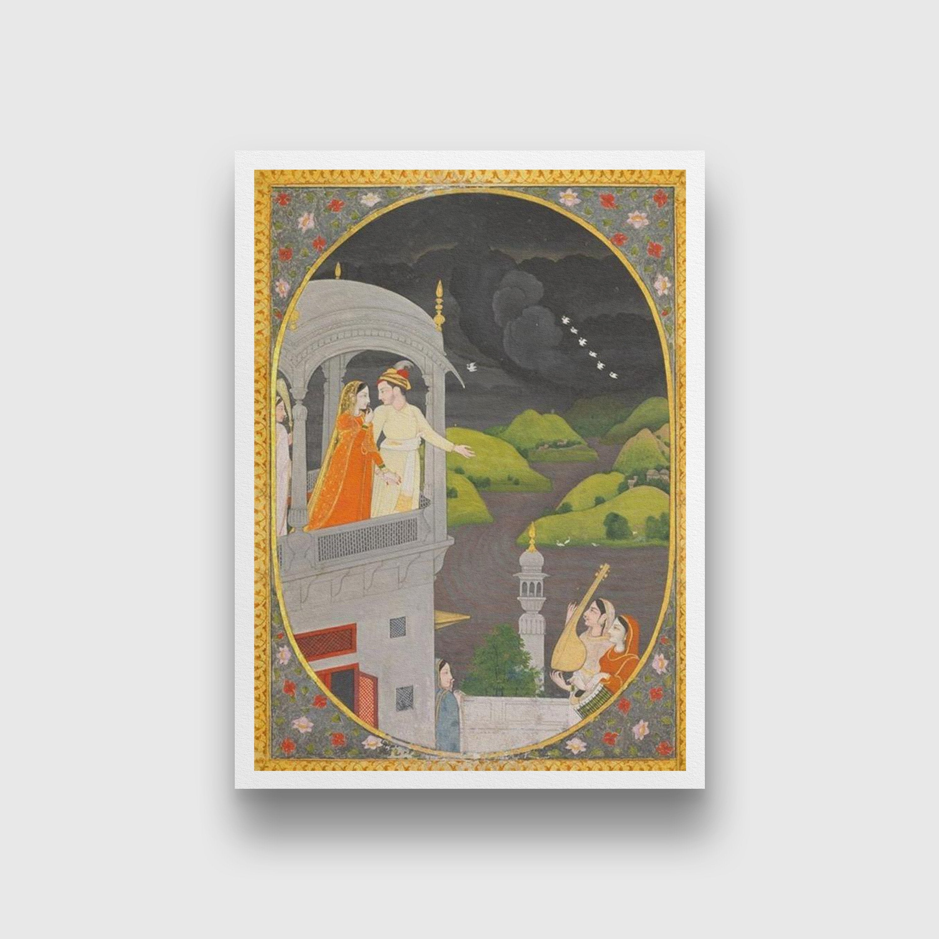 Krishna And Radha Watching Rain Clouds Painting - Meri Deewar 4 X 5.5 Vertical Premium Wall Art Canvas by MeriDeewar