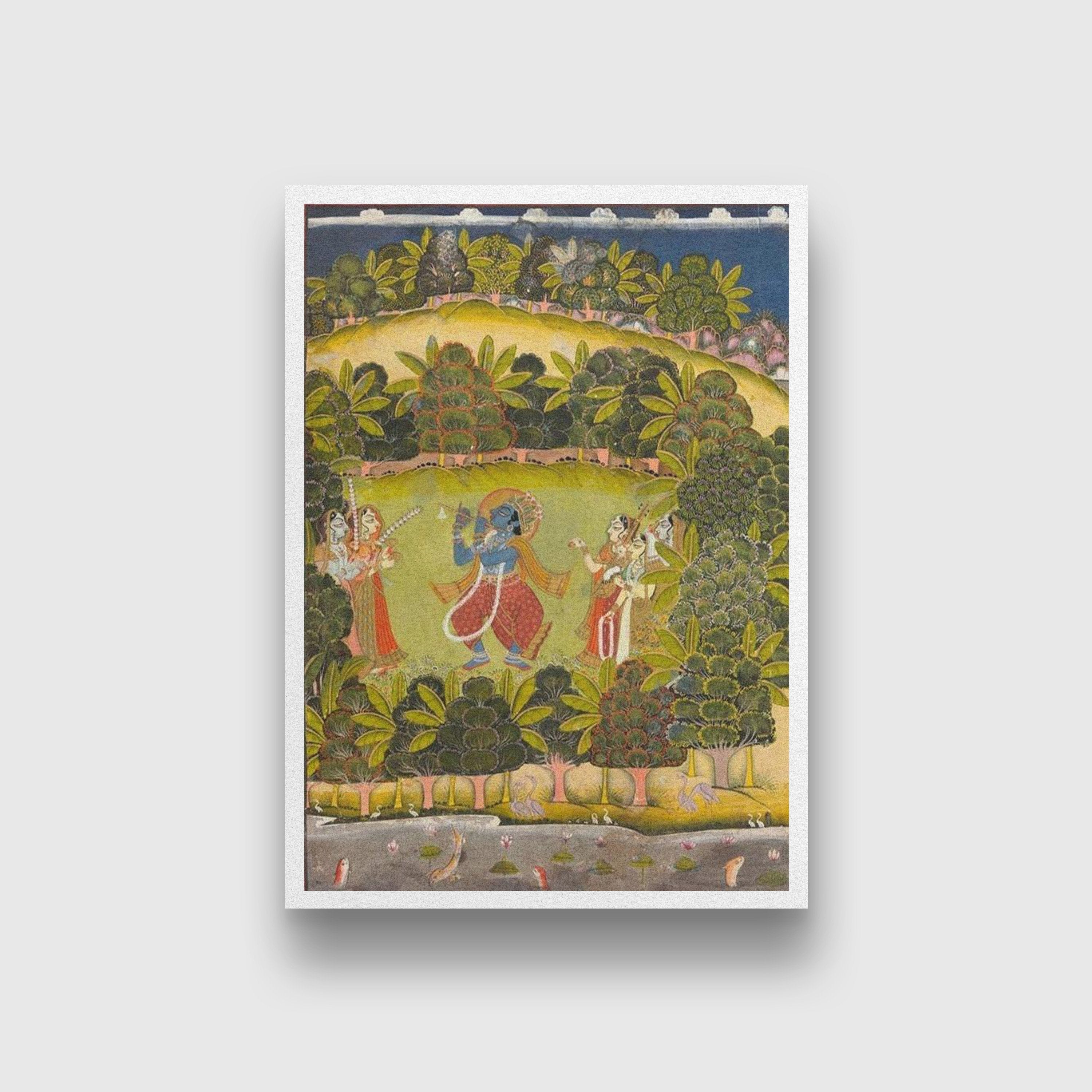 Krishna Fluting for the Gopis Painting - Meri Deewar 3 : 4.2 Vertical Premium Wall Art Canvas by MeriDeewar