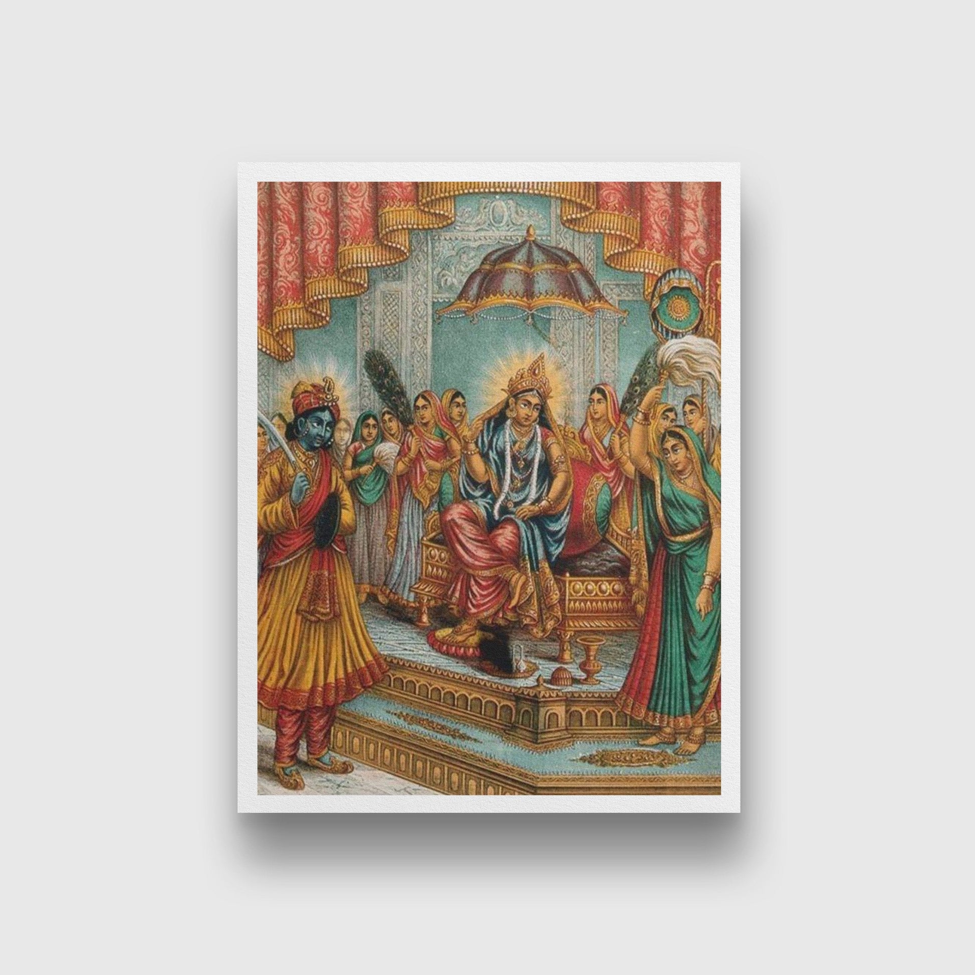Krishna humbly standing before an enthroned Radha Painting - Meri Deewar 3 : 4 Vertical Premium Wall Art Canvas by MeriDeewar