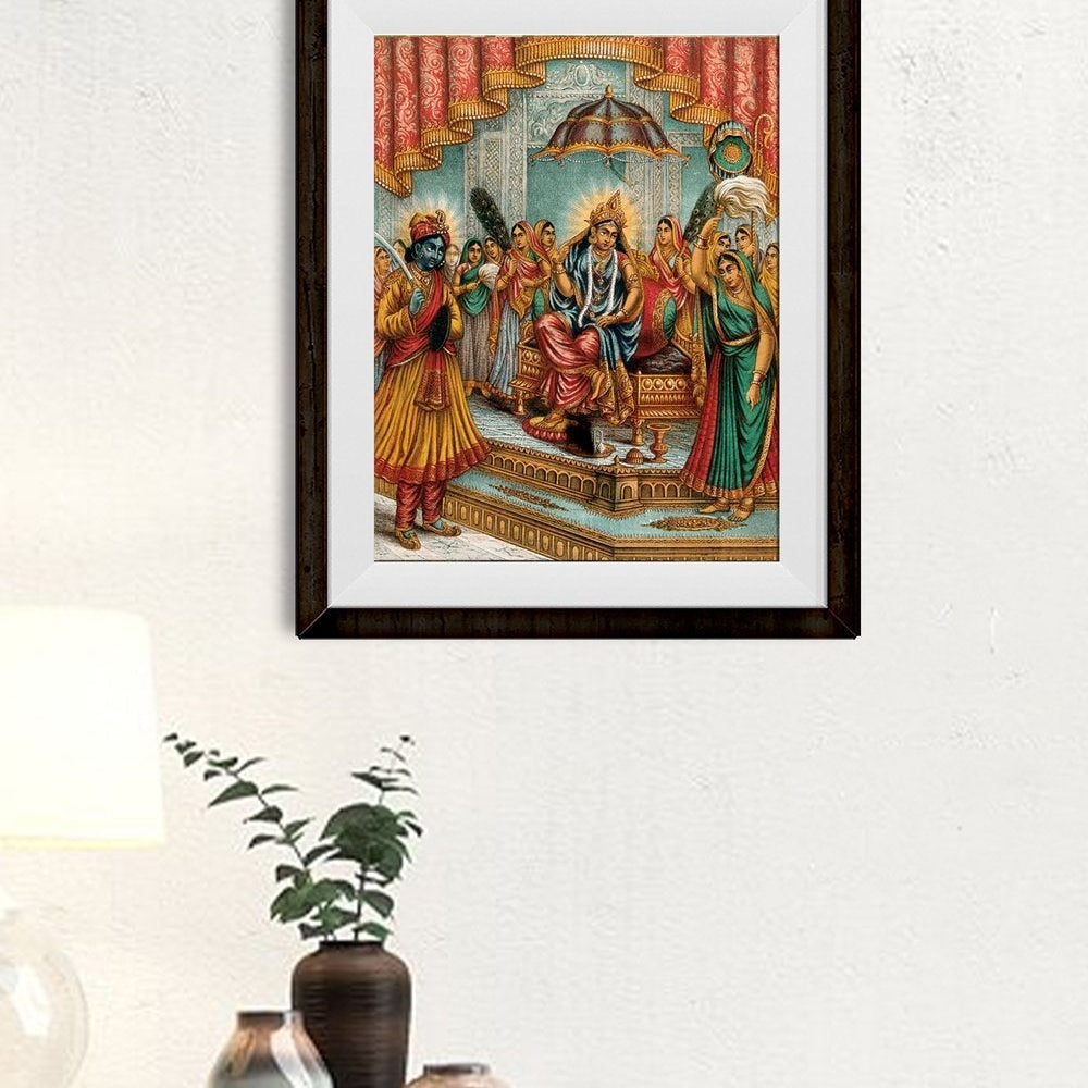 Krishna humbly standing before an enthroned Radha Painting - Meri Deewar 3 : 4 Vertical Premium Wall Art Canvas by MeriDeewar