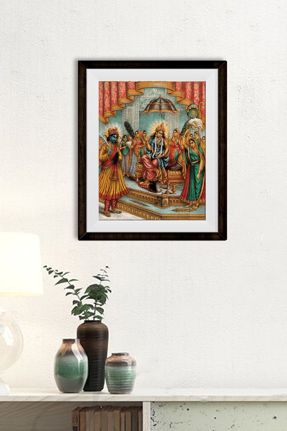 Krishna humbly standing before an enthroned Radha Painting - Meri Deewar 3 : 4 Vertical Premium Wall Art Canvas by MeriDeewar