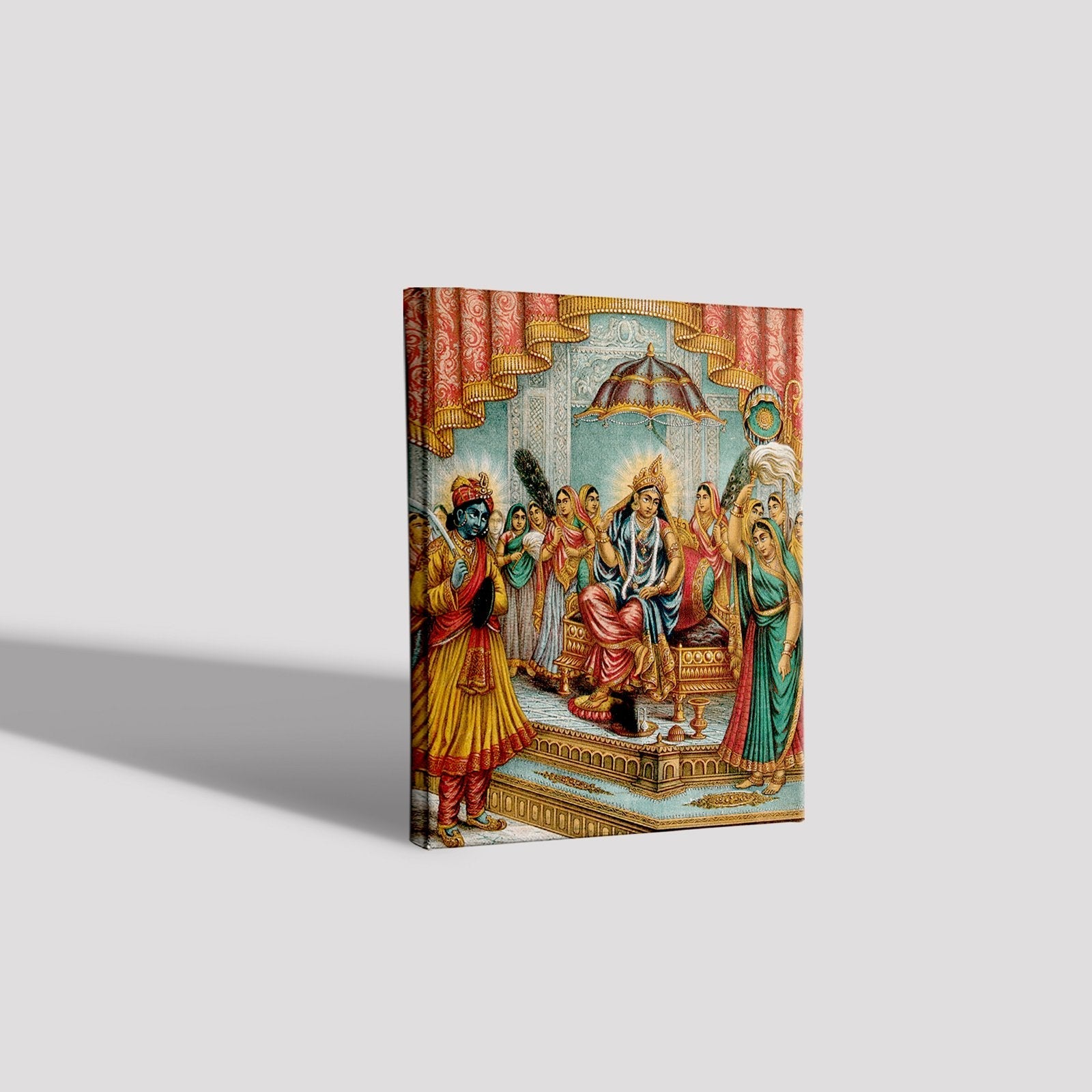 Krishna humbly standing before an enthroned Radha Painting - Meri Deewar 3 : 4 Vertical Premium Wall Art Canvas by MeriDeewar