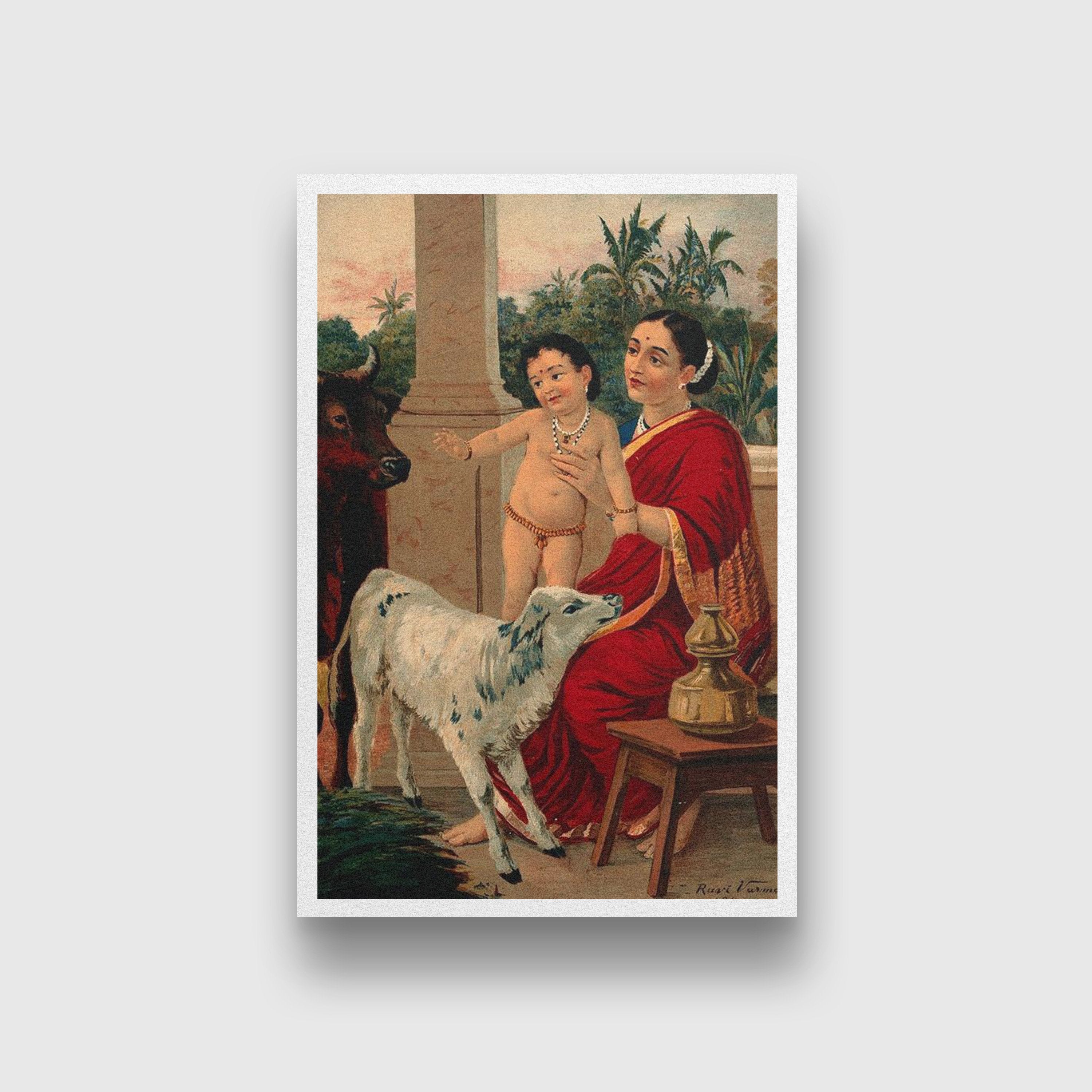 Krishna krida with Yasoda Maiyya painting by Raja Ravi Varma 4 X 5.5 Vertical Premium Wall Art Canvas by MeriDeewar