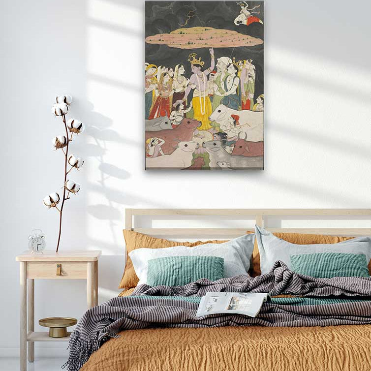 Krishna Lifting Mount Govardhan Painting 3 : 4.2 Vertical Premium Wall Art Canvas by MeriDeewar