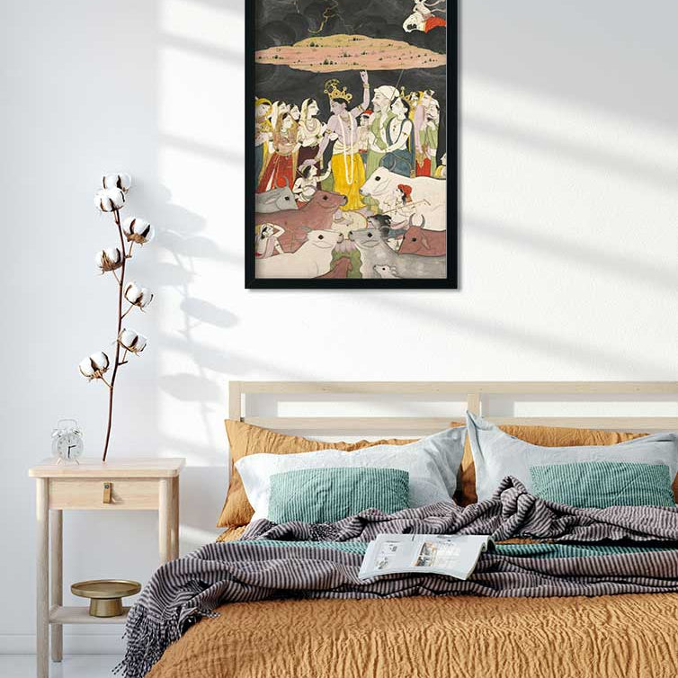 Krishna Lifting Mount Govardhan Painting 3 : 4.2 Vertical Premium Wall Art Canvas by MeriDeewar