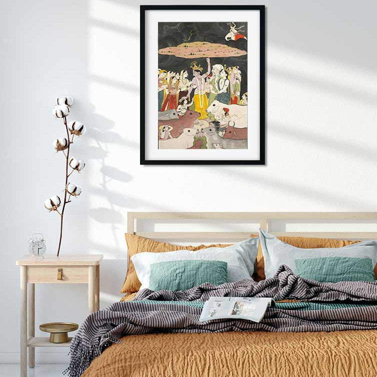 Krishna Lifting Mount Govardhan Painting 3 : 4.2 Vertical Premium Wall Art Canvas by MeriDeewar