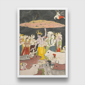Krishna Lifting Mount Govardhan Painting 3 : 4.2 Vertical Premium Wall Art Canvas by MeriDeewar