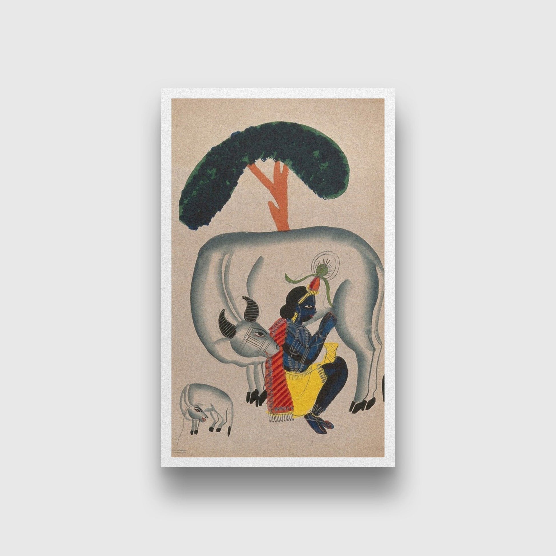 Krishna-milking-a-cow-while-the-calf-looks Painting - Meri Deewar 2 : 3 Vertical Premium Wall Art Canvas by MeriDeewar