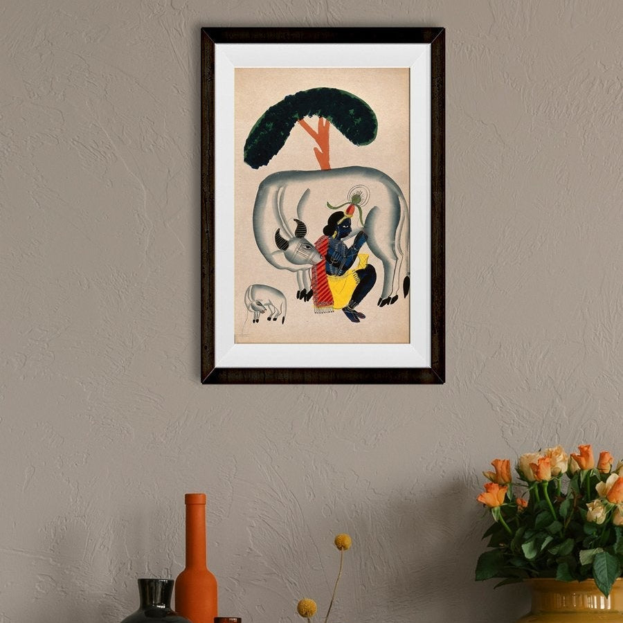 Krishna-milking-a-cow-while-the-calf-looks Painting - Meri Deewar 2 : 3 Vertical Premium Wall Art Canvas by MeriDeewar