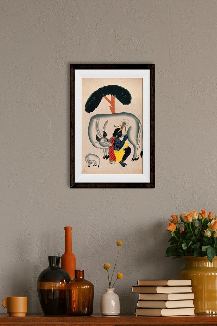 Krishna-milking-a-cow-while-the-calf-looks Painting - Meri Deewar 2 : 3 Vertical Premium Wall Art Canvas by MeriDeewar