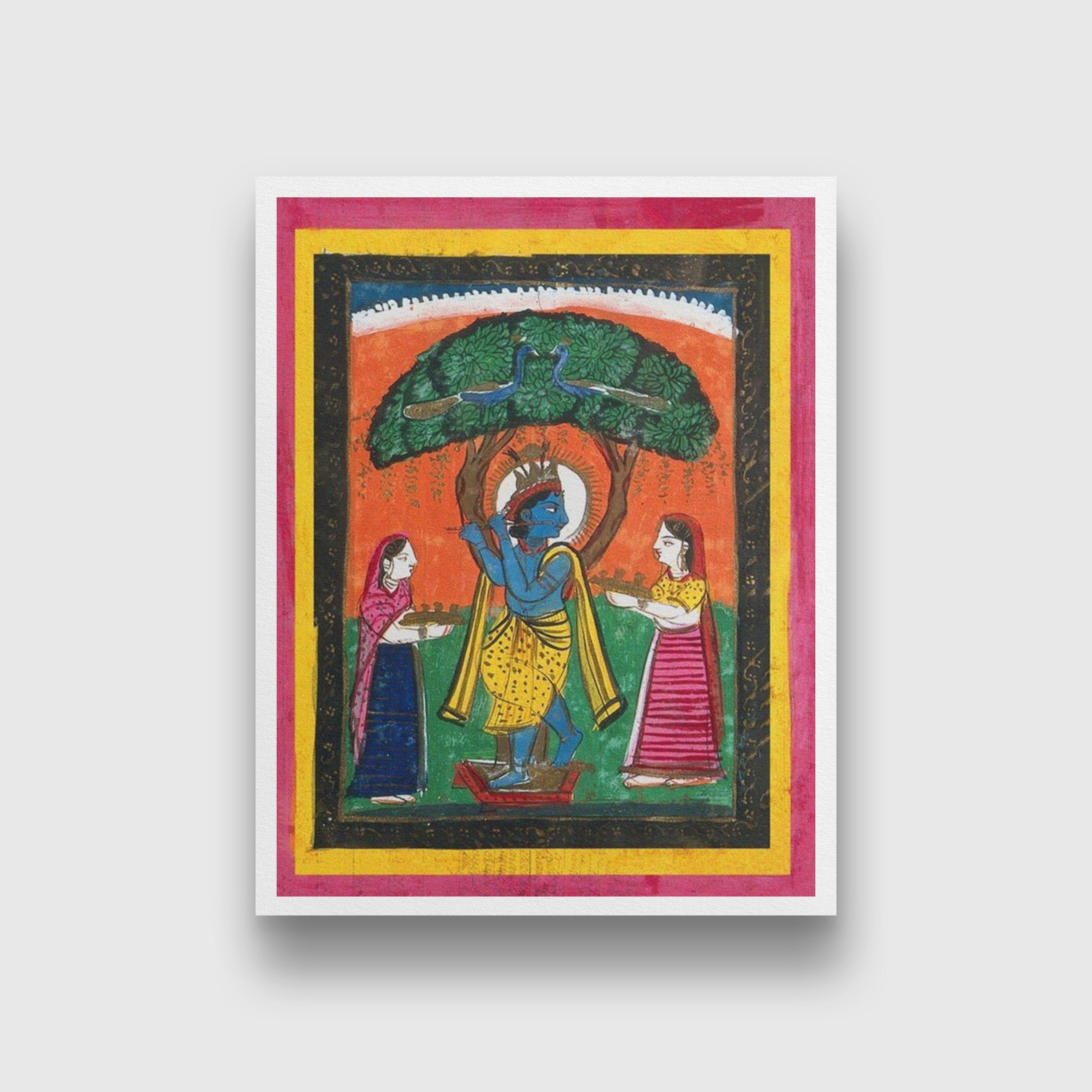 Krishna playing his flute under a tree with two devotees Painting - Meri Deewar 4 :5 Vertical Premium Wall Art Canvas by MeriDeewar