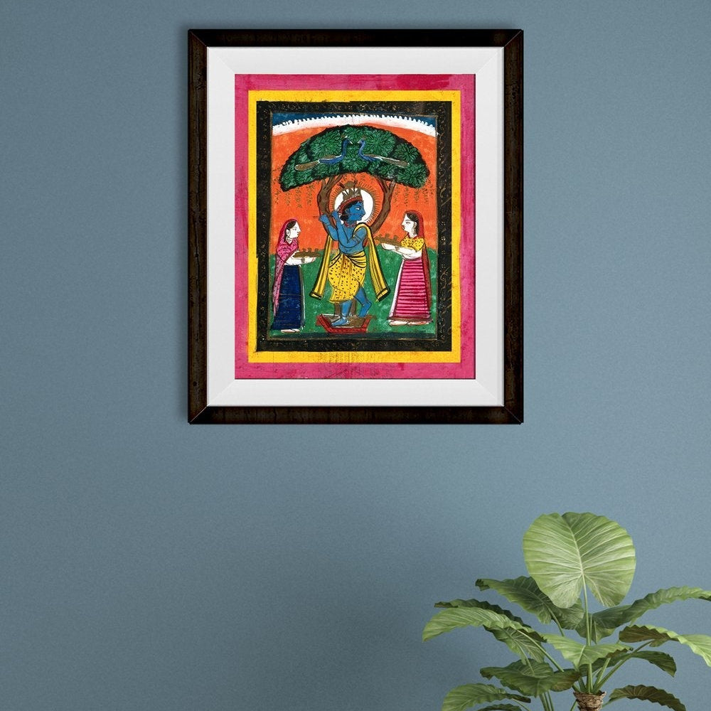 Krishna playing his flute under a tree with two devotees Painting - Meri Deewar 4 :5 Vertical Premium Wall Art Canvas by MeriDeewar