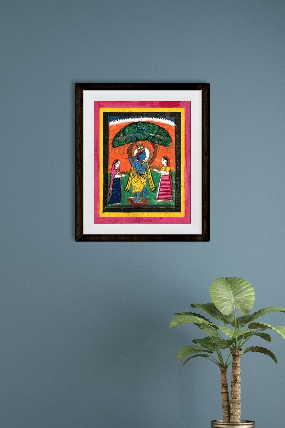 Krishna playing his flute under a tree with two devotees Painting - Meri Deewar 4 :5 Vertical Premium Wall Art Canvas by MeriDeewar