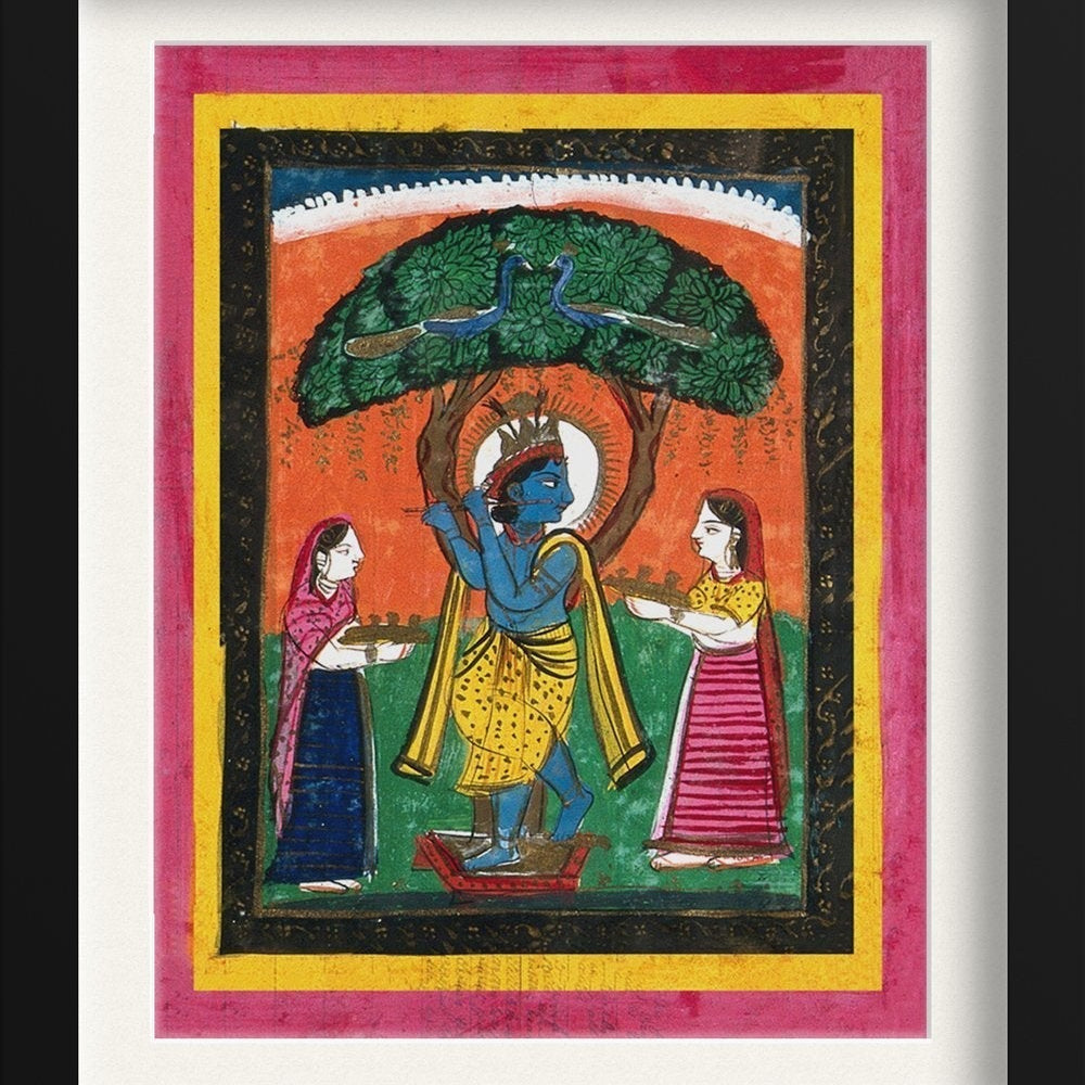 Krishna playing his flute under a tree with two devotees Painting - Meri Deewar 4 :5 Vertical Premium Wall Art Canvas by MeriDeewar
