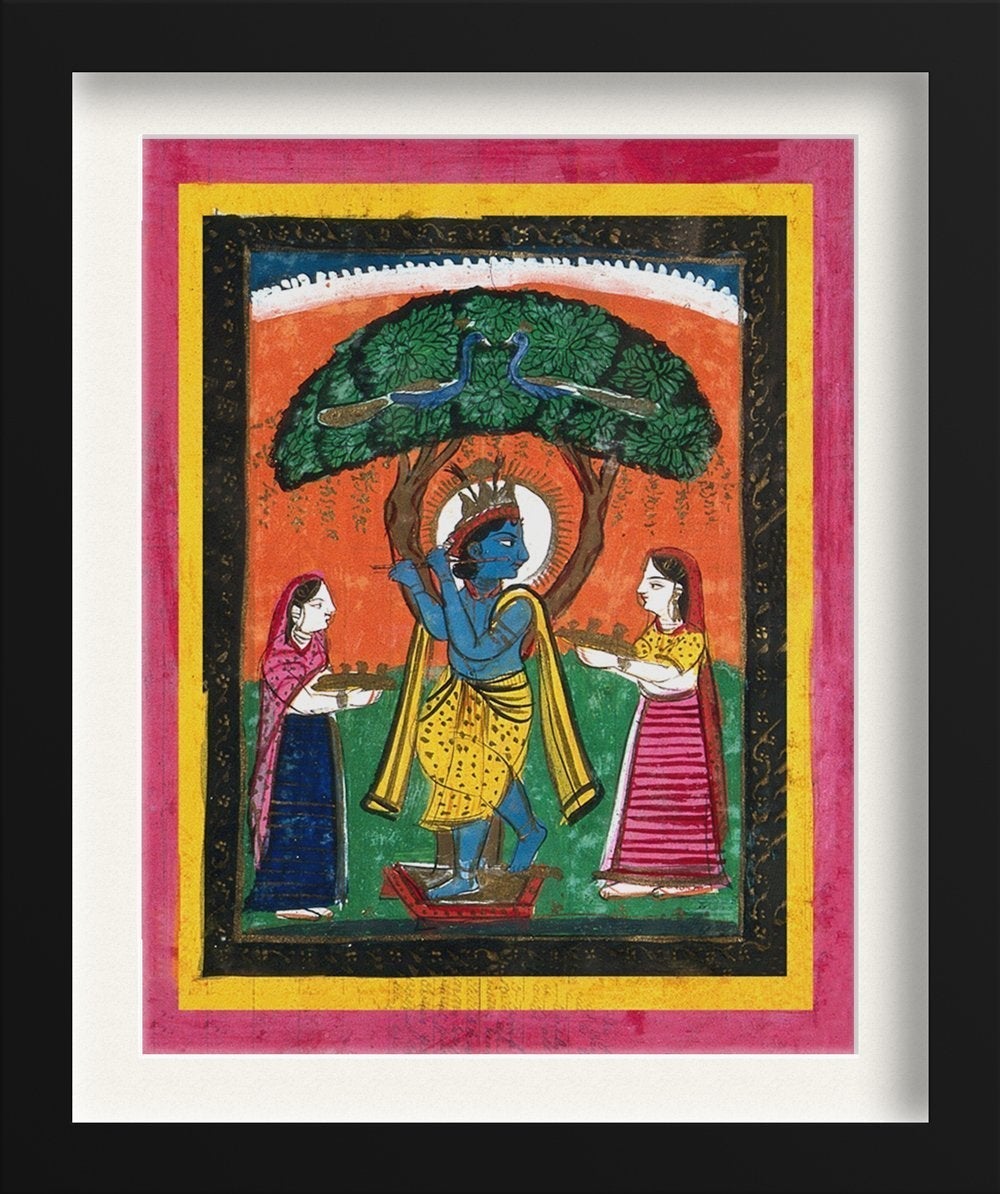 Krishna playing his flute under a tree with two devotees Painting - Meri Deewar 4 :5 Vertical Premium Wall Art Canvas by MeriDeewar