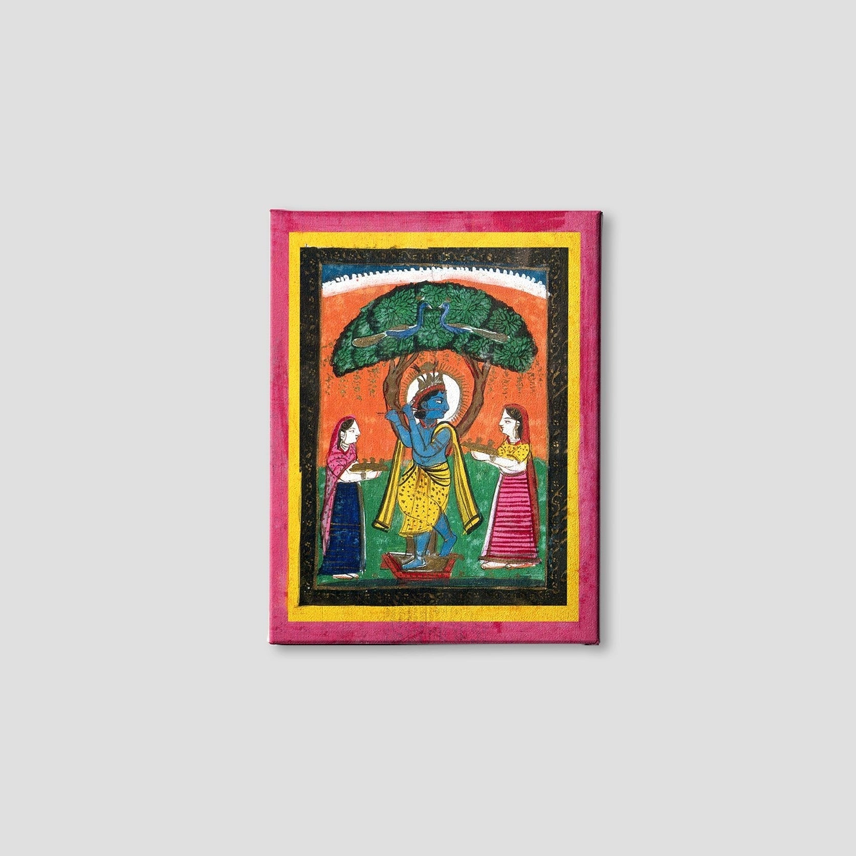Krishna playing his flute under a tree with two devotees Painting - Meri Deewar 4 :5 Vertical Premium Wall Art Canvas by MeriDeewar