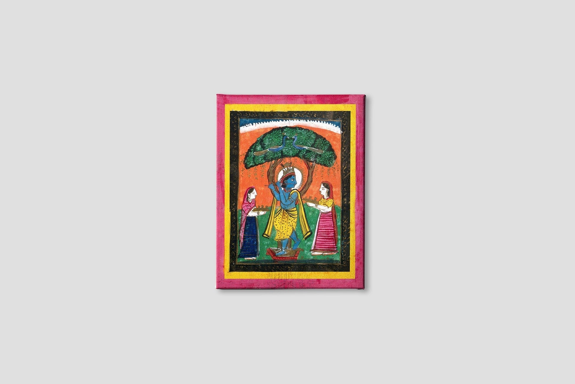 Krishna playing his flute under a tree with two devotees Painting - Meri Deewar 4 :5 Vertical Premium Wall Art Canvas by MeriDeewar