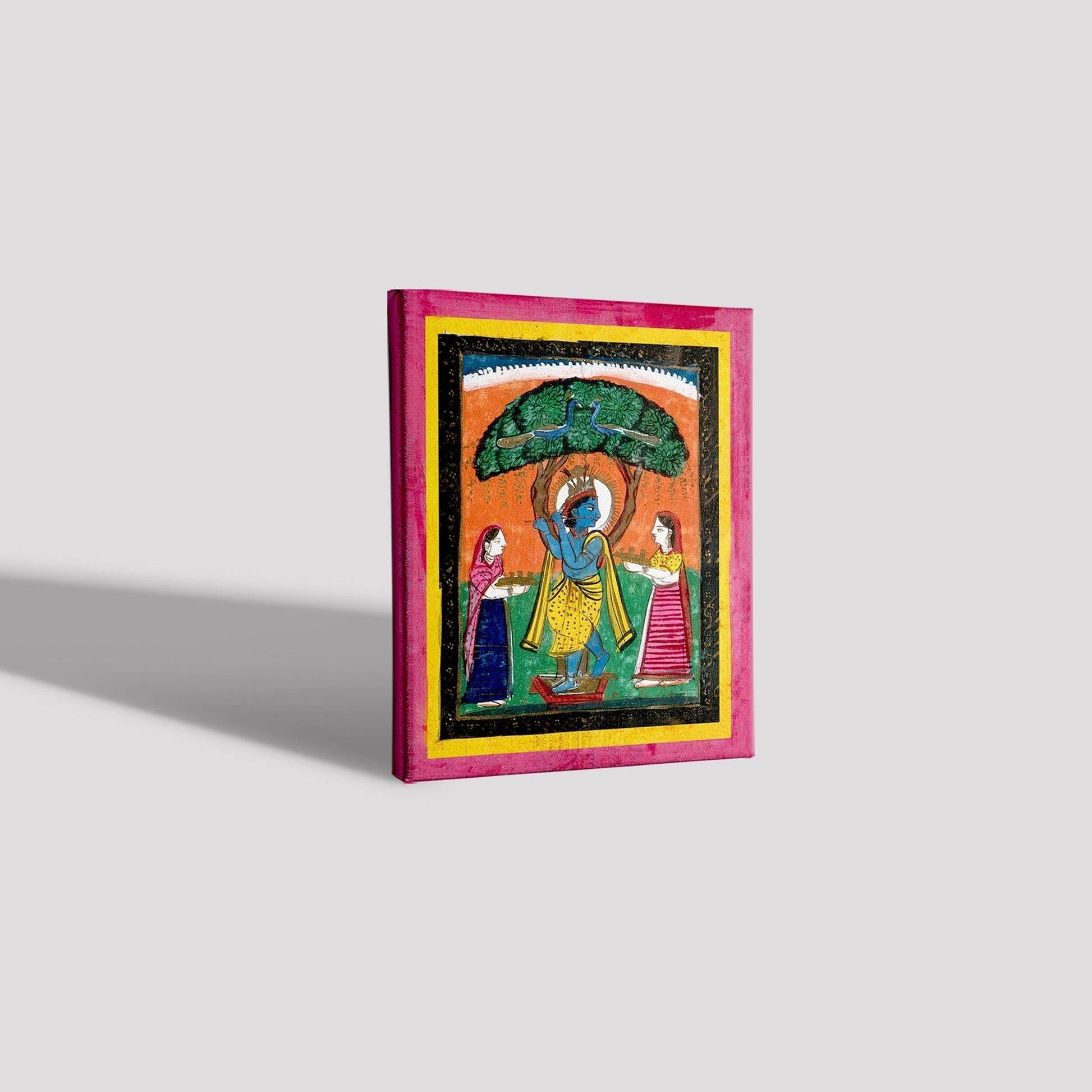 Krishna playing his flute under a tree with two devotees Painting - Meri Deewar 4 :5 Vertical Premium Wall Art Canvas by MeriDeewar