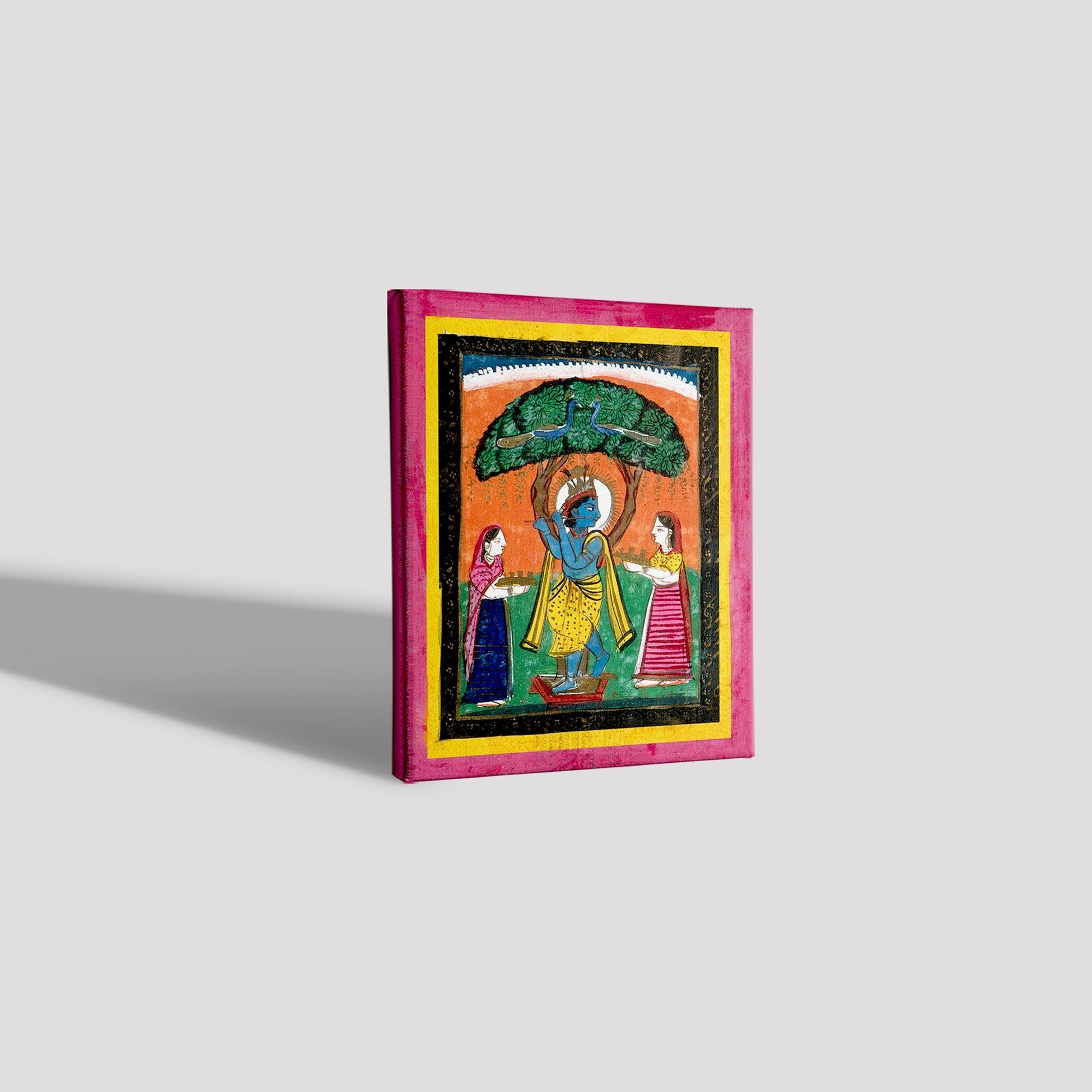 Krishna playing his flute under a tree with two devotees Painting - Meri Deewar 4 :5 Vertical Premium Wall Art Canvas by MeriDeewar