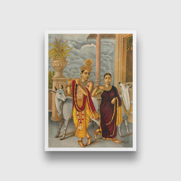 Krishna playing the flute to a dancing Radha, two holy cows Painting - Meri Deewar 3 : 4 Vertical Premium Wall Art Canvas by MeriDeewar