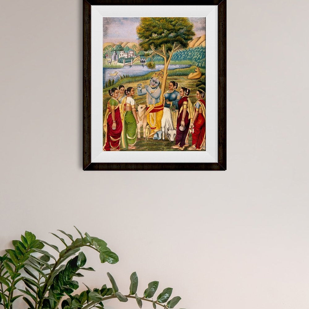 Krishna playing the flute to cowgirls Painting - Meri Deewar 4 :5 Vertical Premium Wall Art Canvas by MeriDeewar