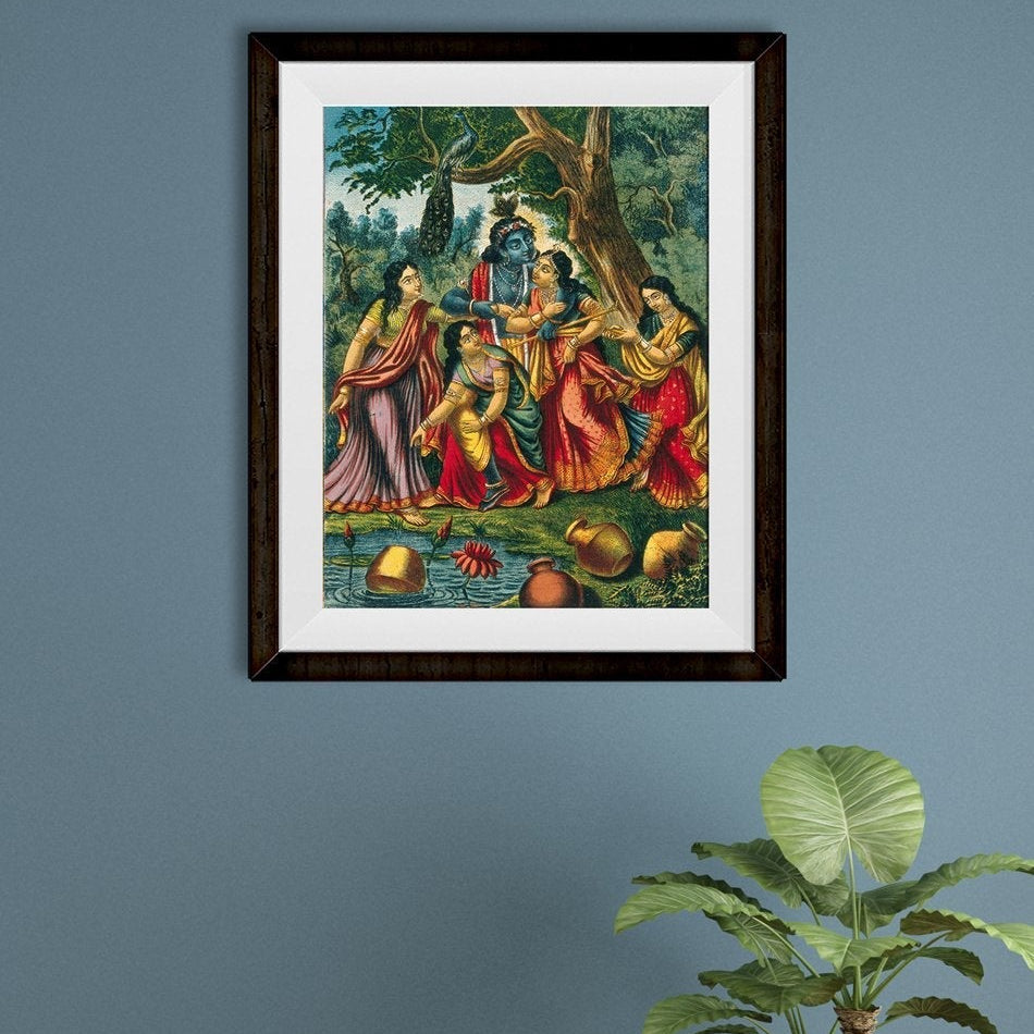 Krishna playing with four cowgirls at a well Painting - Meri Deewar 3 : 4.2 Vertical Premium Wall Art Canvas by MeriDeewar