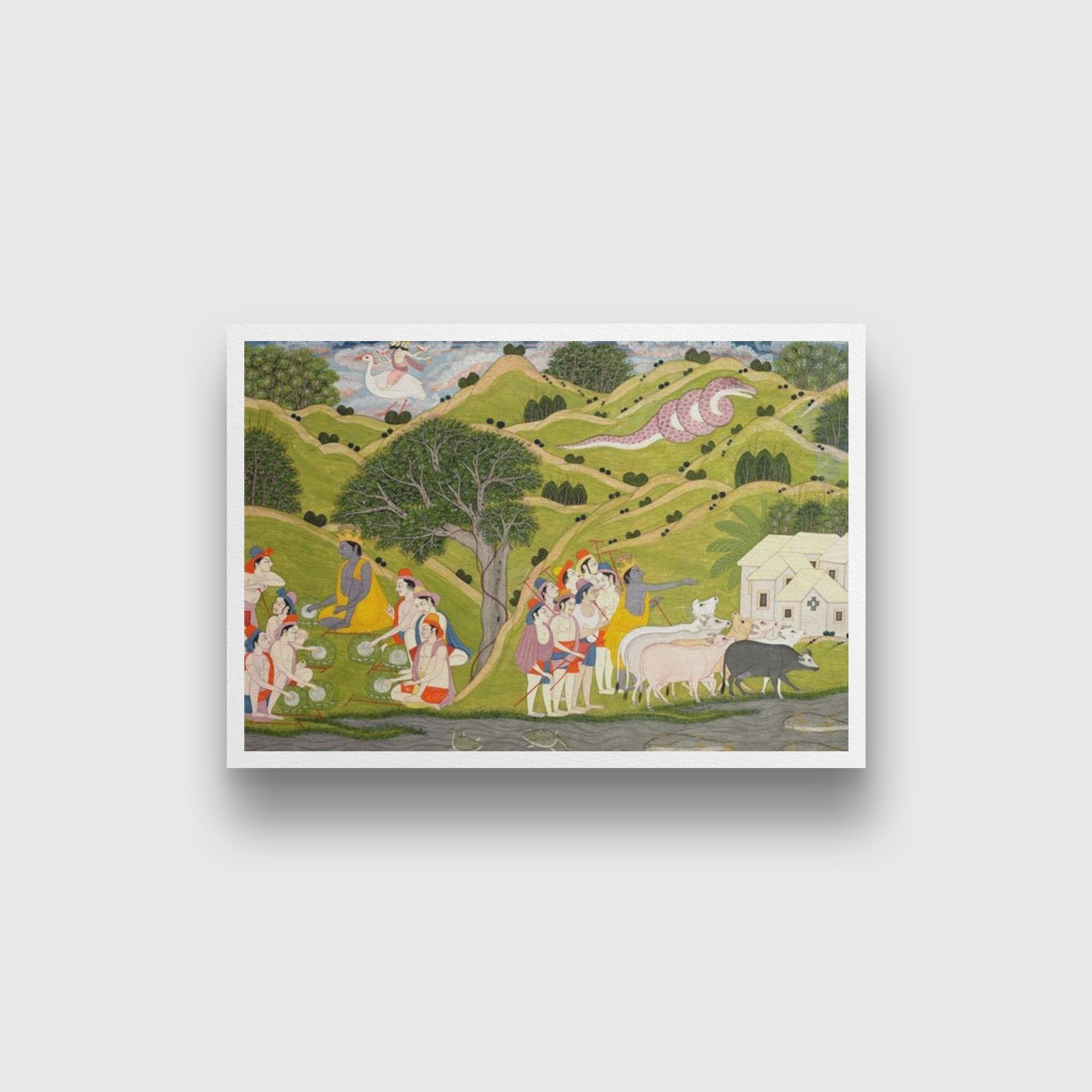 Krishna returns With The Cowherds To Braj Painting - Meri Deewar 3 : 2 Horizontal Premium Wall Art Canvas by MeriDeewar