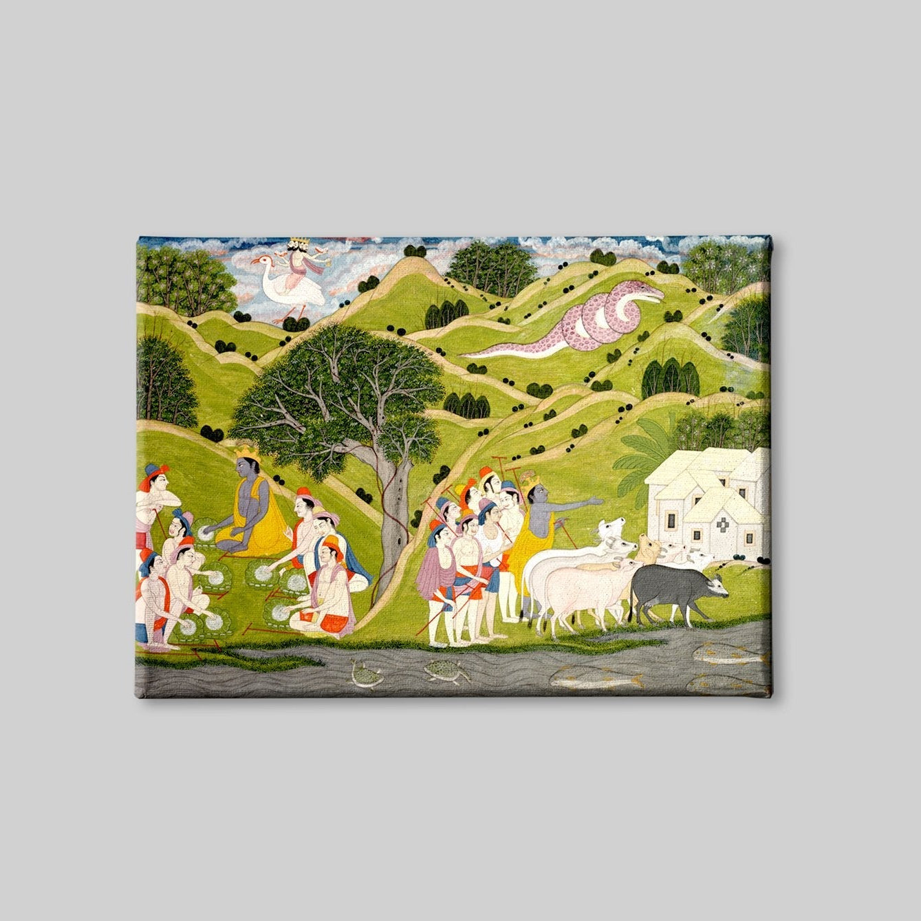 Krishna returns With The Cowherds To Braj Painting - Meri Deewar 3 : 2 Horizontal Premium Wall Art Canvas by MeriDeewar