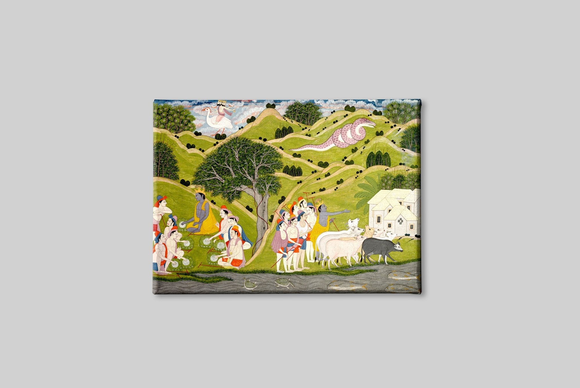 Krishna returns With The Cowherds To Braj Painting - Meri Deewar 3 : 2 Horizontal Premium Wall Art Canvas by MeriDeewar