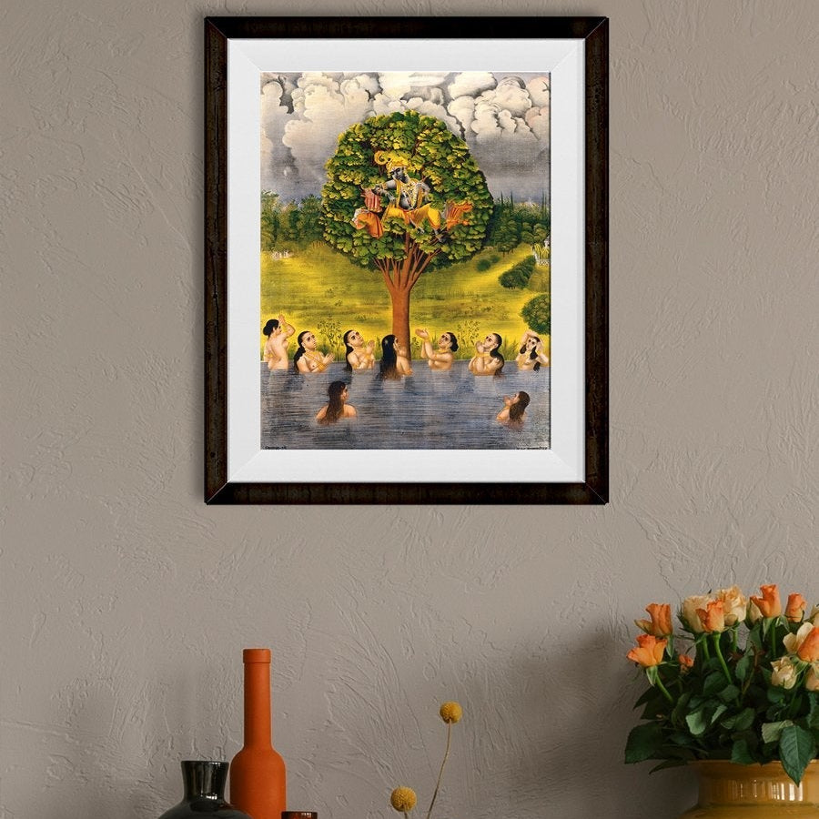 Krishna seated in a tree above a river with the gopis Painting - Meri Deewar 3 : 4 Vertical Premium Wall Art Canvas by MeriDeewar