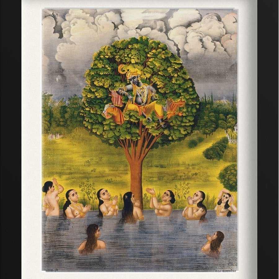 Krishna seated in a tree above a river with the gopis Painting - Meri Deewar 3 : 4 Vertical Premium Wall Art Canvas by MeriDeewar