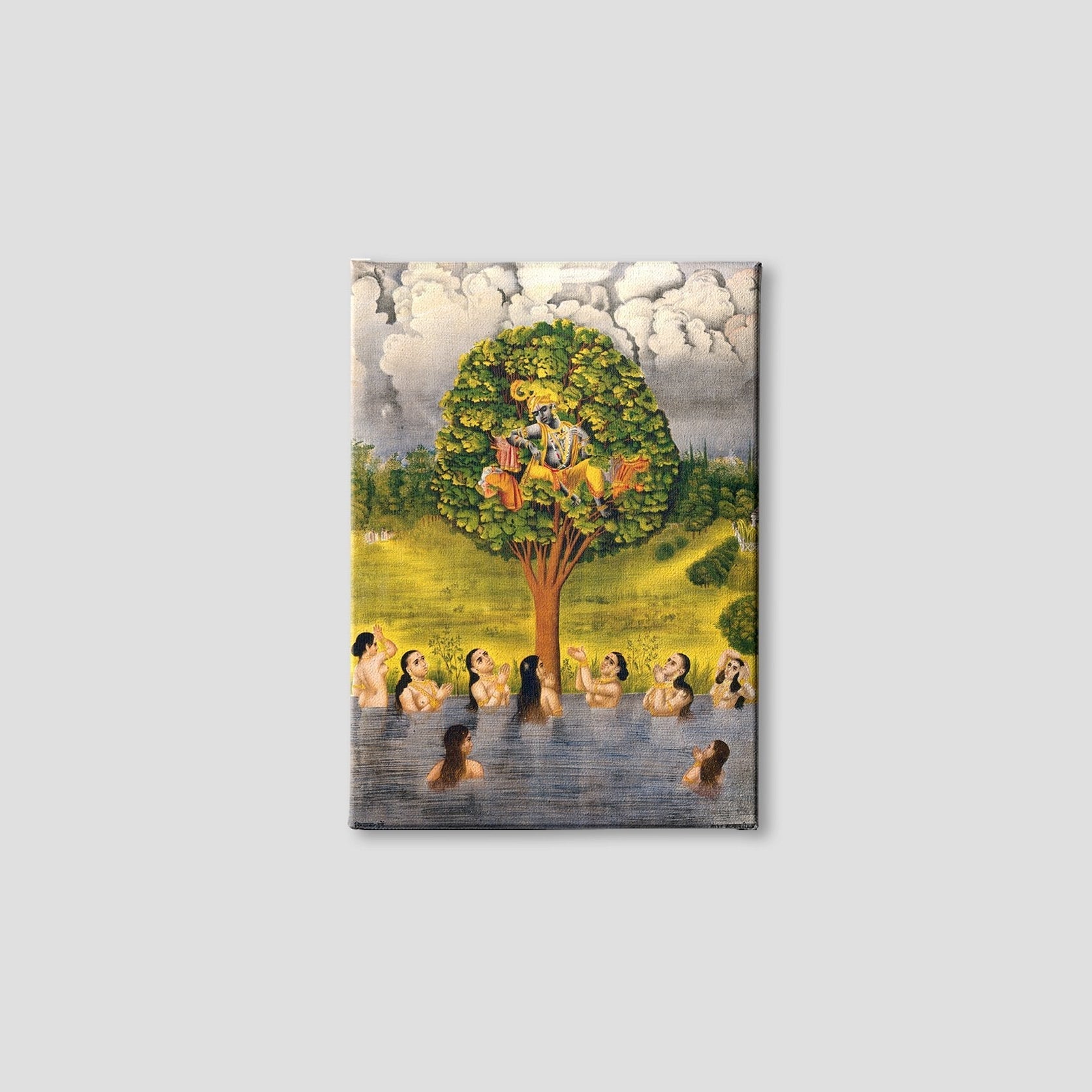 Krishna seated in a tree above a river with the gopis Painting - Meri Deewar 3 : 4 Vertical Premium Wall Art Canvas by MeriDeewar