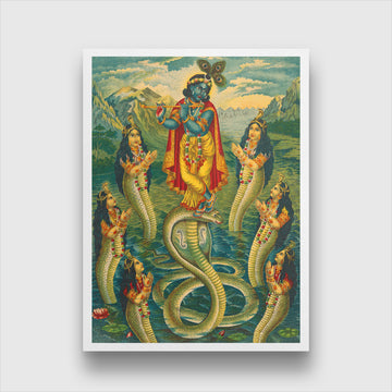Krishna subduing Kaliya Painting 4 X 5.5 Vertical Premium Wall Art Canvas by MeriDeewar
