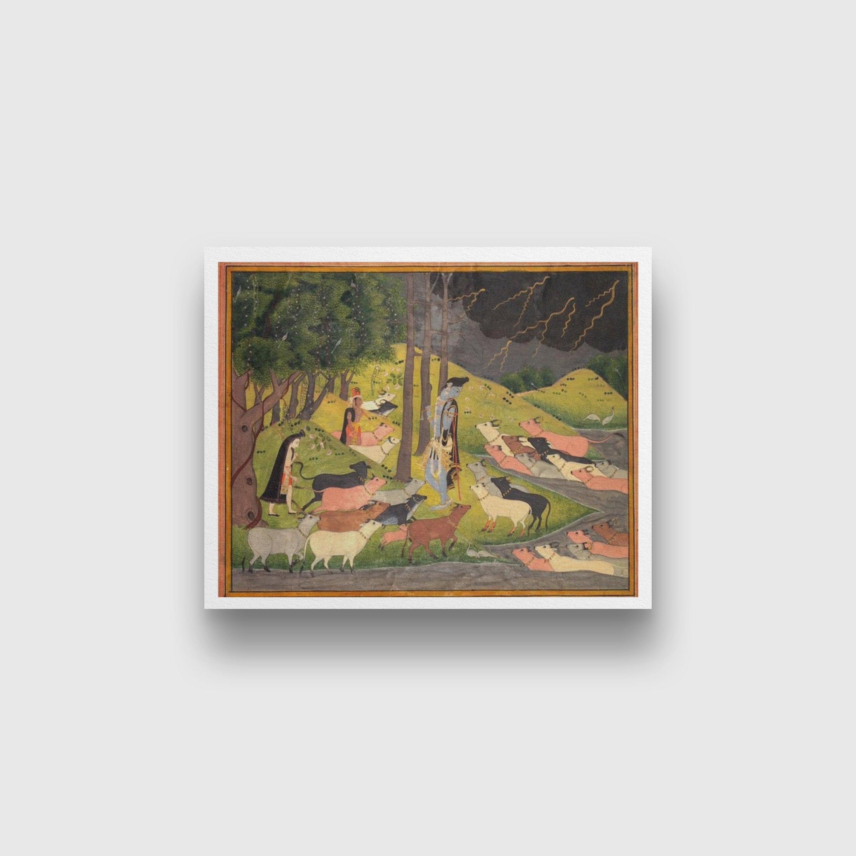 Krishna Summoning The Cows Painting - Meri Deewar 4 : 3 Horizontal Premium Wall Art Canvas by MeriDeewar