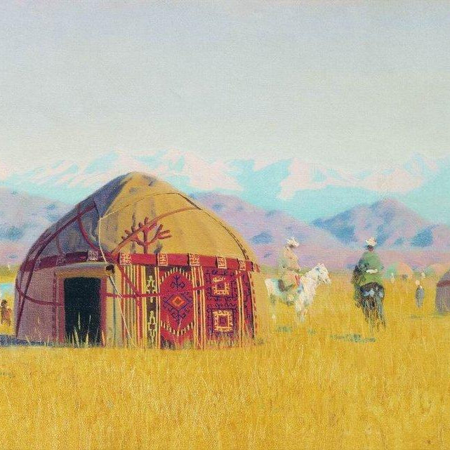 Kyrgyz tent on the chu river-Meri Deewar Painting - Meri Deewar 3 : 2 Horizontal Premium Wall Art Canvas by MeriDeewar