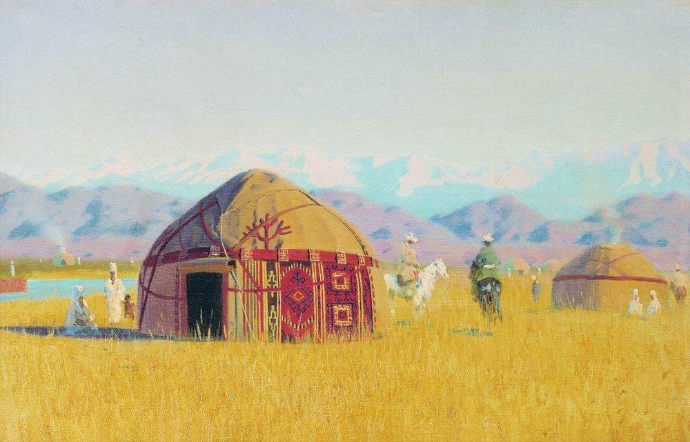 Kyrgyz tent on the chu river-Meri Deewar Painting - Meri Deewar 3 : 2 Horizontal Premium Wall Art Canvas by MeriDeewar