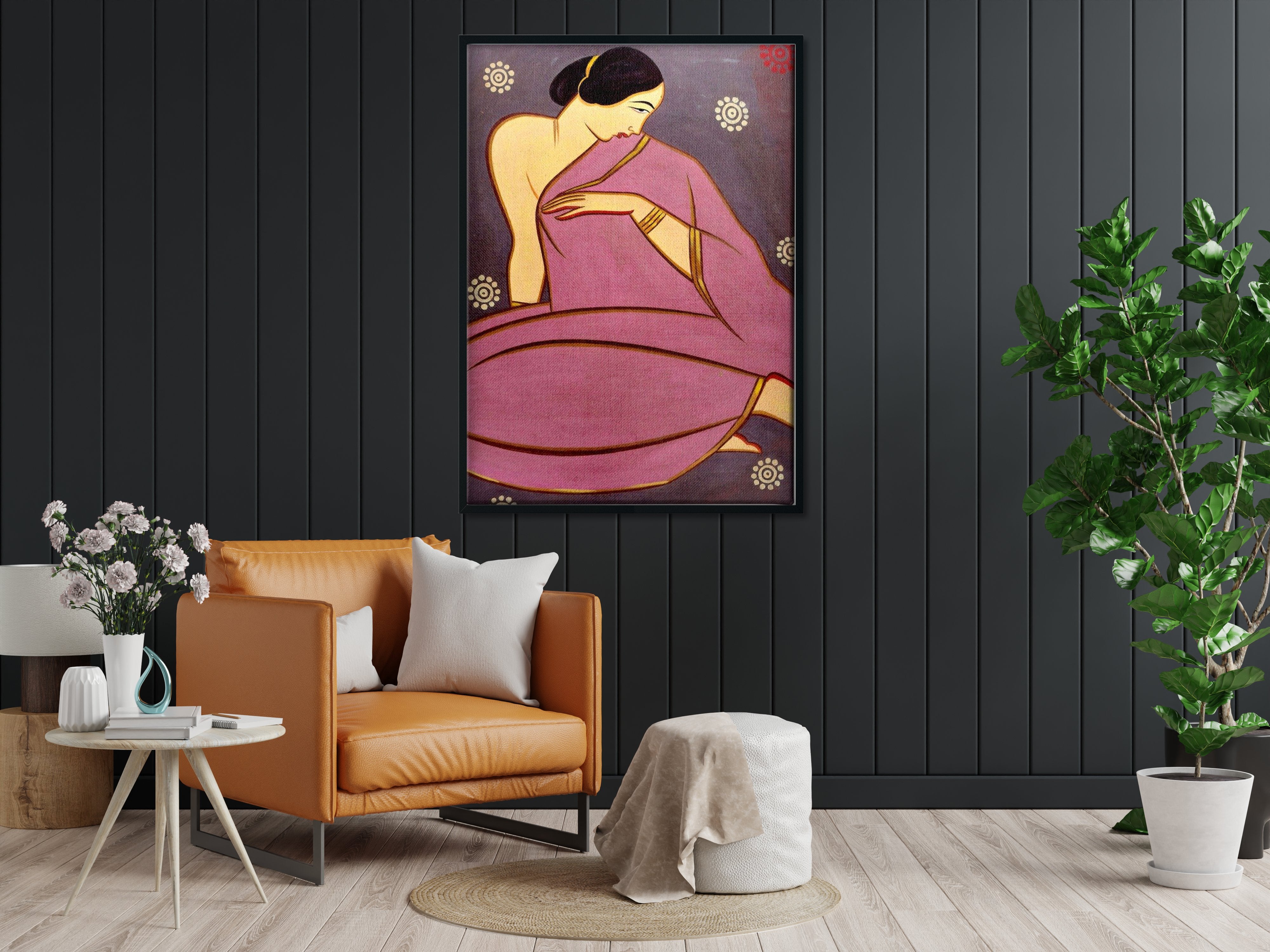 Lady in a pink sari Painting - Meri Deewar 3 : 4.2 Vertical Premium Wall Art Canvas by MeriDeewar