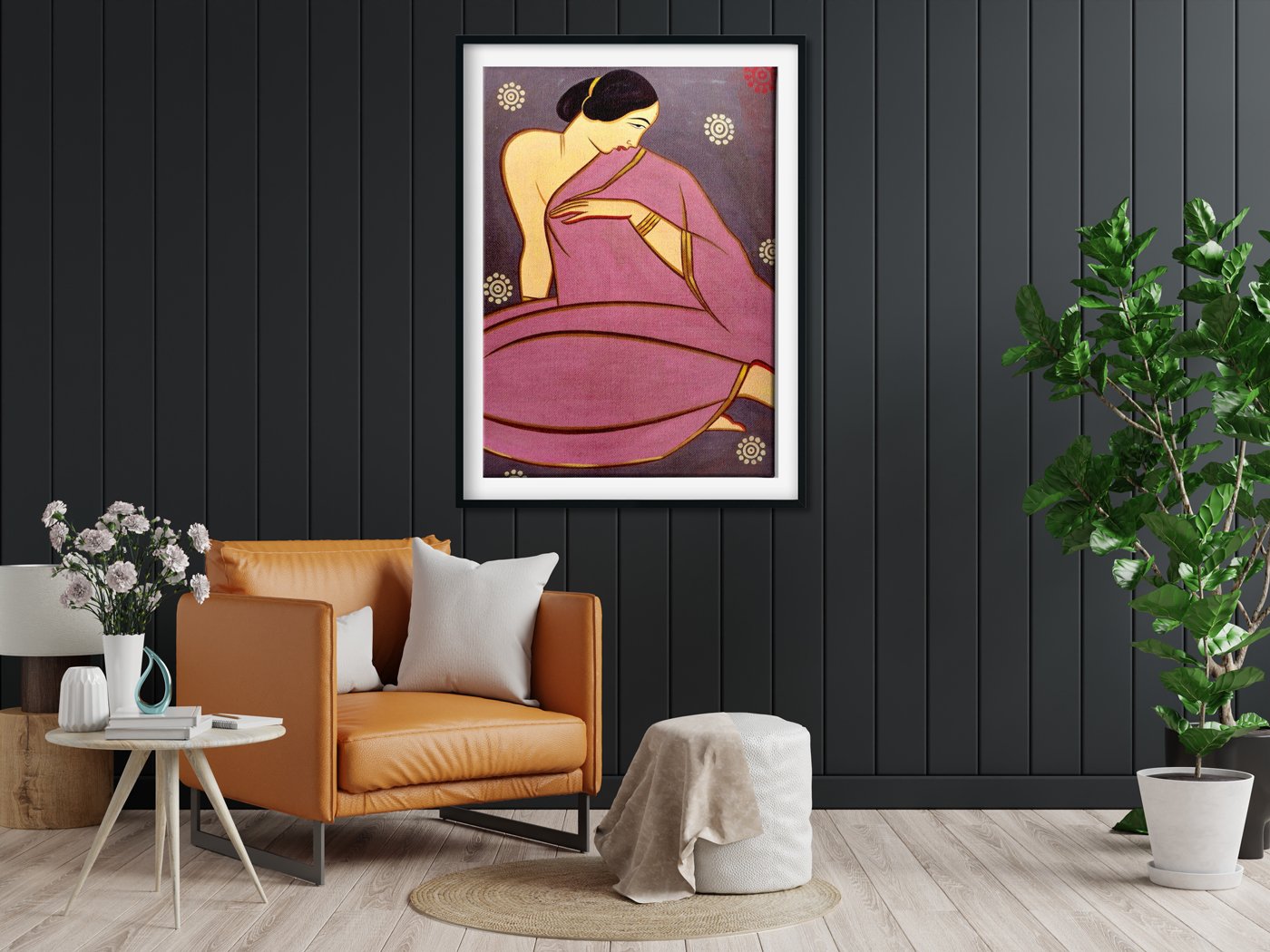 Lady in a pink sari Painting - Meri Deewar 3 : 4.2 Vertical Premium Wall Art Canvas by MeriDeewar