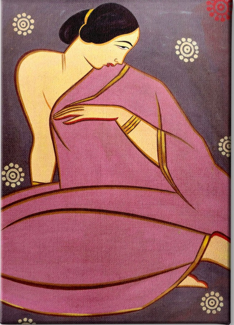 Lady in a pink sari Painting - Meri Deewar 3 : 4.2 Vertical Premium Wall Art Canvas by MeriDeewar